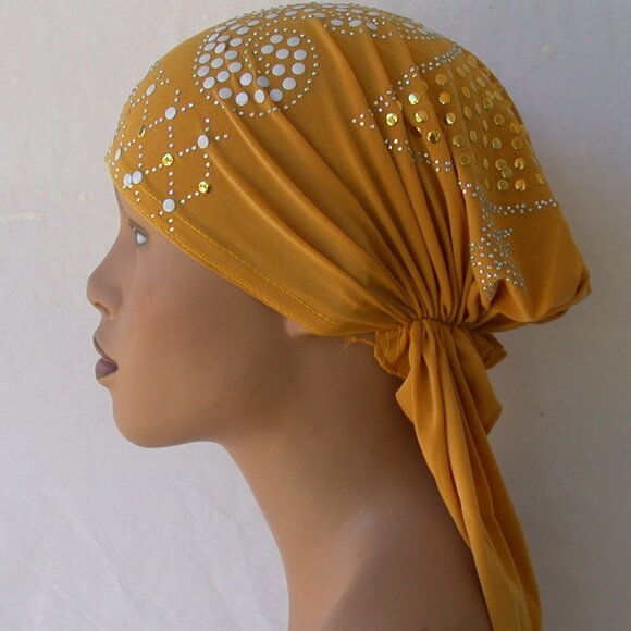 YELLOW  Pre-Tied Stud Fashion Cap Slip On Bonnet Hijab Undercap #2 - Picture 3 of 3